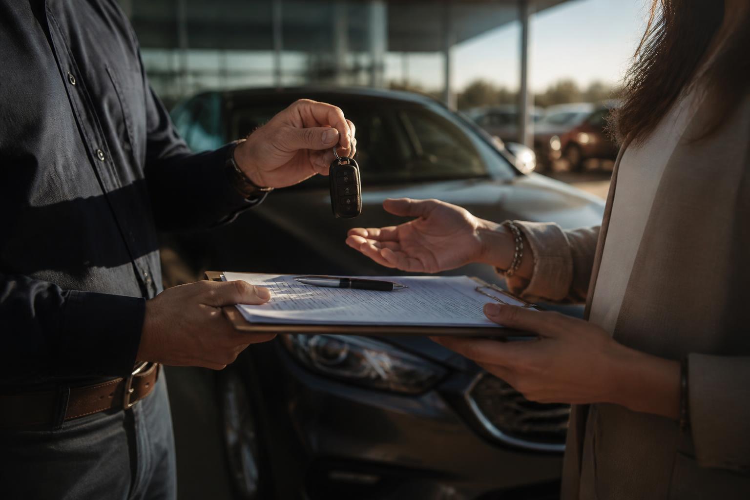 A high-value handover protected by TrustEcho. Keys exchanged across a contract on a polished desk.